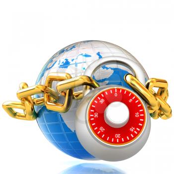 Earth globe close in chain and padlock on a white background