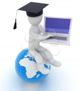 3d man in graduation hat sitting on earth and working at his laptop on a white background