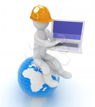 3d man in a hard hat sitting on earth and working at his laptop on a white background