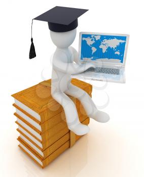 3d man in graduation hat sitting on books and working at his laptop on a white background