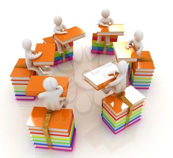 3d mans with book sits on a colorful glossy books on a white background