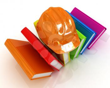Colorful books and hard hat on a white background