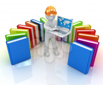 3d man in hard hat working at his laptop and books on a white background