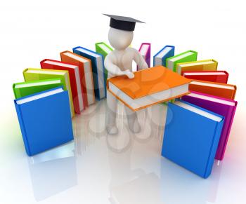 3d white man in a graduation hat with useful books - best gift a student on a white background