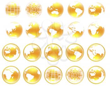 Set of yellow 3d globe icon with highlights on a white background
