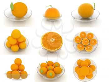Set of half orange on a glass plate on a white 