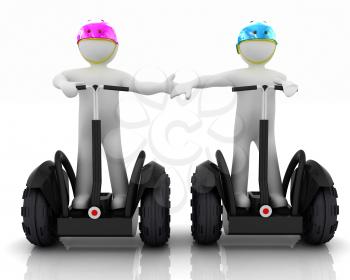 3d people in riding on a personal and ecological transport in helmet and holding hands. Concept of partnership
