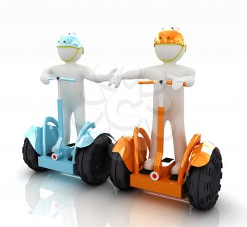 3d people in riding on a personal and ecological transport in helmet and holding hands. Concept of partnership