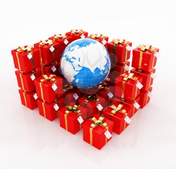 Traditional Christmas gifts and earth on a white background. Global holiday concept