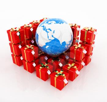 Traditional Christmas gifts and earth on a white background. Global holiday concept