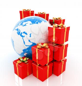 Traditional Christmas gifts and earth on a white background. Global holiday concept 
