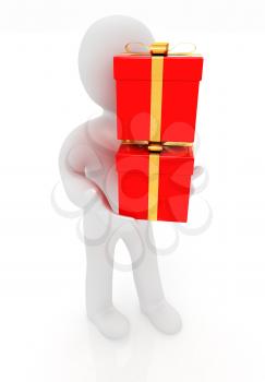 3d man gives red gifts with gold ribbon on a white background