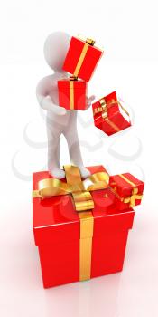 на белом фоне 3d man and red gifts with gold ribbon on a white background