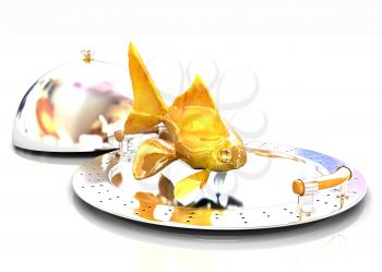 Gold fish on a restaurant cloche on a white background