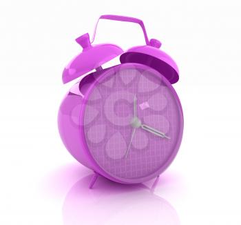 3d illustration of glossy purple alarm clock against white background 
