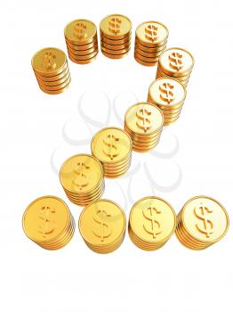 Number two of gold coins with dollar sign isolated on white background