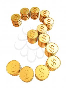 Number three of gold coins with dollar sign isolated on white background