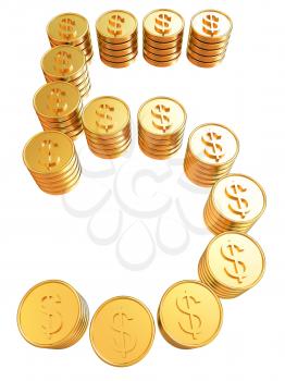 Number five of gold coins with dollar sign isolated on white background