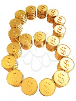 Number eight of gold coins with dollar sign isolated on white background