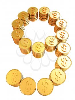 Number nine of gold coins with dollar sign isolated on white background
