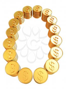 Number zero of gold coins with dollar sign isolated on white background