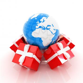 Traditional Christmas gifts and earth on a white background. Global holiday concept 
