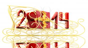 Abstract 3d illustration of text 2014 with present box on a gold sledge