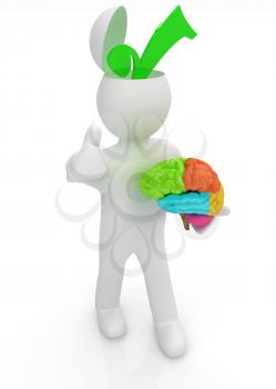3d people - man with half head, brain and trumb up. Choice concept