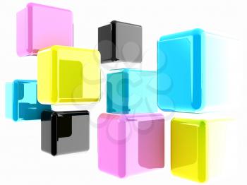 Glossy CMYK cubes on white 