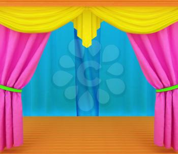 Colorfull curtains and wooden scene floor 