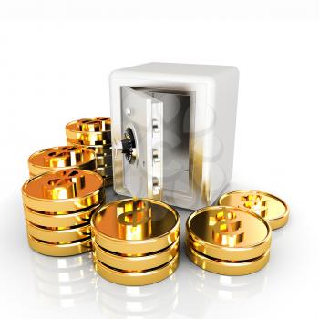 open a bank vault with a bunch of gold coins. isolated on white. 