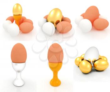 Eggs, gold easter egg and egg cups. Easter set