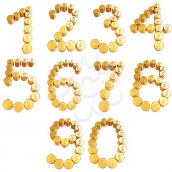 Numbers of gold coins with dollar sign isolated on white background