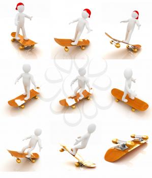 Set of 3d white person with a skate and a cap. 3d image on a white background