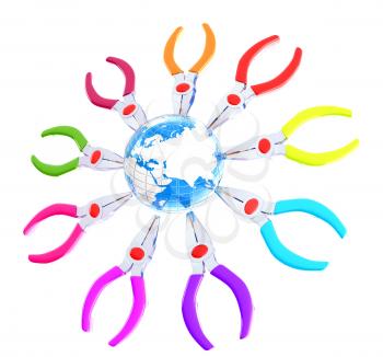 Colorful pliers to work and earth. Global tools concept