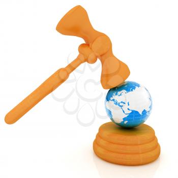 Wooden gavel and earth isolated on white background. Global auction concept