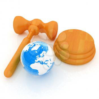 Wooden gavel and earth isolated on white background. Global auction concept