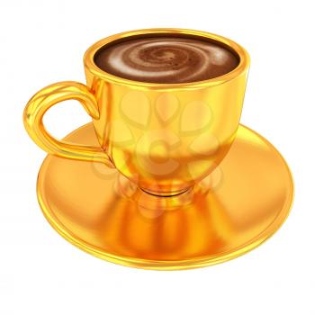 Gold coffee cup on saucer on a white background 