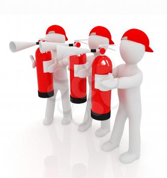 3d mans with red fire extinguisher on a white background