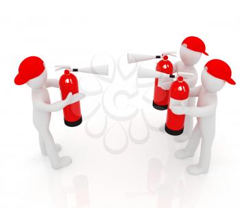 3d mans with red fire extinguisher. The concept of confrontation on a white background