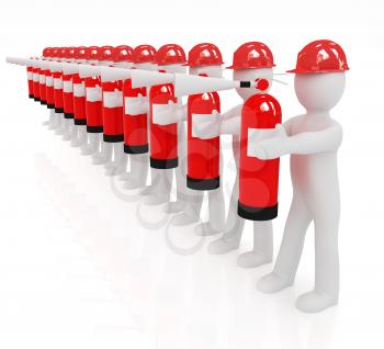 3d mans in hardhat with red fire extinguisher on a white background