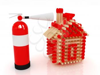 Red fire extinguisher and log house from matches pattern on white 