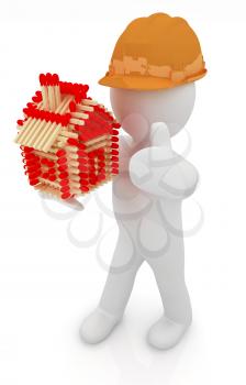 3d architect man in a hard hat with thumb up with log house from matches pattern. 3d image. Isolated on white background. 