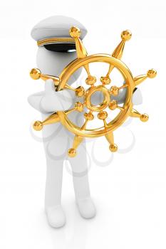 Sailor with gold steering wheel and earth. Trip around the world concept on a white background