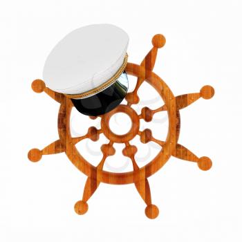 Marine cap on wood marine steering wheel on a white background
