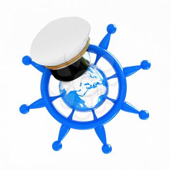 Steering wheel with Earth, and marine cap . Trip around the world concept on a white background