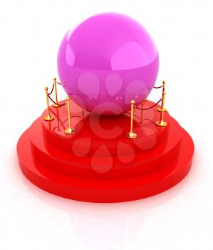 Glossy pink ball on podium on a white background 