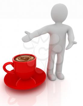 3d people - man, person presenting - Mug of coffee with milk