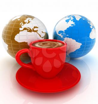 Mug of coffee with milk. Global concept with Earth