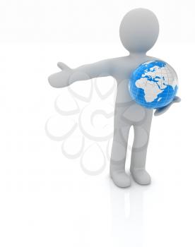 3d people - man, person presenting - pointing. Global concept with earth